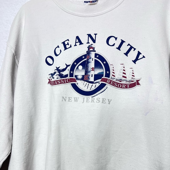 Vtge Jerzees Ocean City New Jersey White Sweatshirt L Outdoors Preppy Academia - Picture 2 of 6